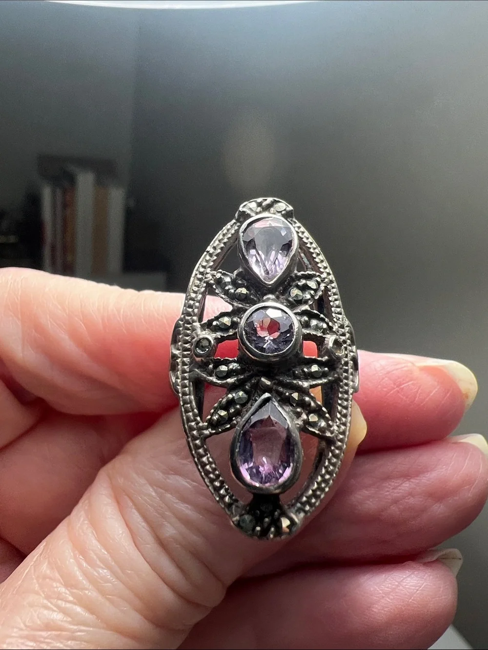 Stylish Silver Ring with Purple Gem Accents - Vintage